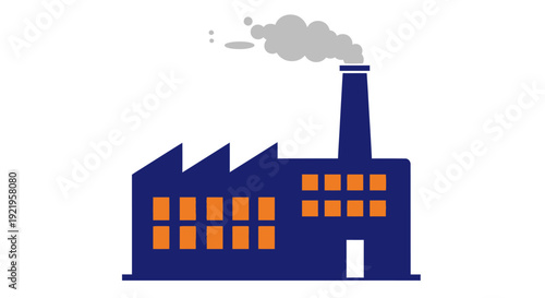 Industrial facility with smokestack emitting smoke viewed from the front