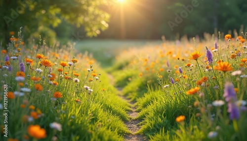 Sunlit path through vibrant meadow field full of blooming wildflowers. Green grass and colorful blossoms create a scenic natural summer landscape. Sunlight streams through trees.