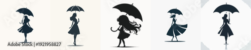 Silhouette Cute Girl Holding Umbrella Vector Illustration
