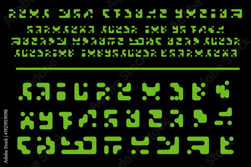 Alien Hieroglyphs Sci-Fi Alphabet. Computer generated Green vector set for Gaming HUD, Matrix technology, Hacker concept. Futuristic unreadable symbols for UI/UX, tech logos, digital encryption.
