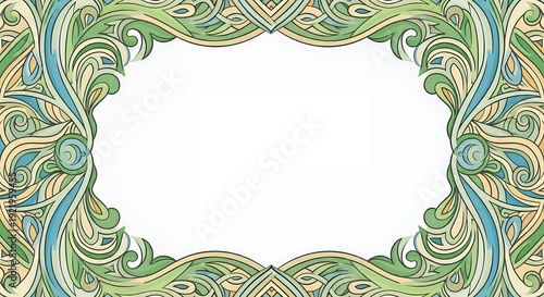 Elegant watercolor organic frame with intricate flowing patterns. Natural green blue and light yellow border provides beautiful space for text designs.