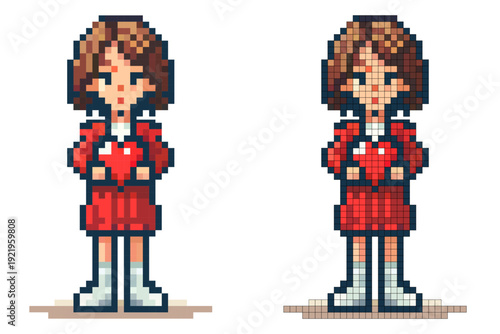 A girl stands with a heart in her hands, wearing a red outfit and white boots