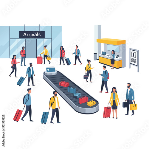 Busy Airport Scene with Travelers and Luggage Carousel