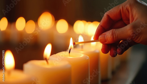 Hand lights white candle with matchstick creating soft warm glow. Rows of lit candles suggest hope, remembrance, peace, and faith in a dark setting.