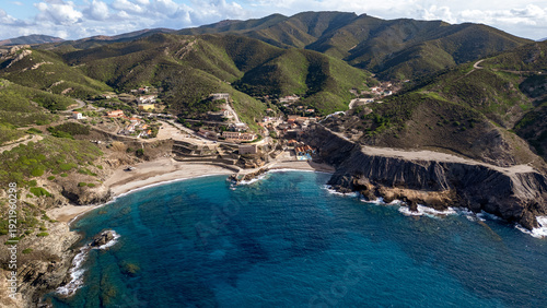 Quadro su tela Aerial view of Argentiera Beach and historic mining village, Sardinia