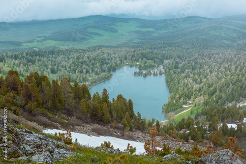Scenic alpine top view from snowfield on scree and coniferous trees on steep ...