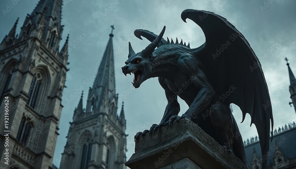 Fototapeta premium Stone gargoyle creature sits on gothic cathedral building spire with wings spread. Dark fantasy monster with horns and sharp teeth stares menacingly against stormy sky.