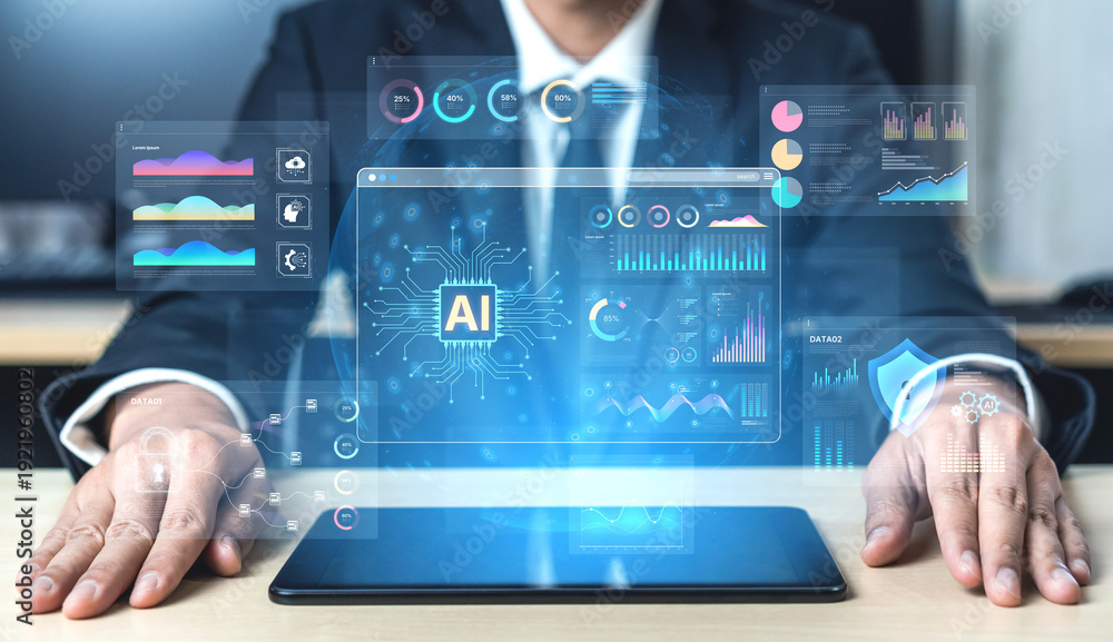 Fototapeta premium An Artificial Intelligence platform for business intelligence. The dashboard shows advanced data analytics, predictive modeling, and security monitoring through various visualizations. Fermion