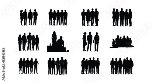 Silhouettes of people in various group configurations black and white