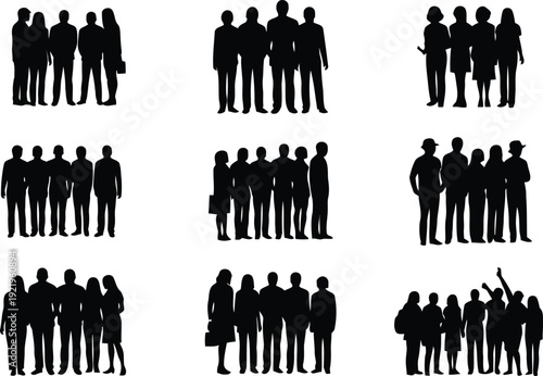 Silhouettes of people standing together in a group formation