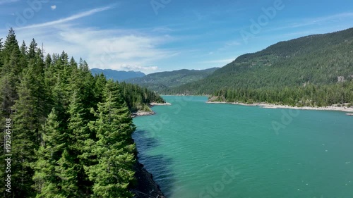 Aerial Over Turquoise Alpine Green Lake Near Whistler, British Columbia, Canada