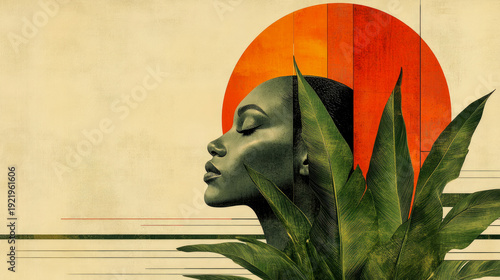 Stylized portrait of serene Black woman in profile, partially obscured by lush green tropical leaves, set against warm, abstract background with prominent orange circle resembling sun or moon, evoking