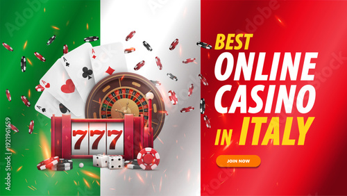 Best online casinos in Italy, web banner with a slot machine, roulette, playing cards and poker chips on background with flag of Italy