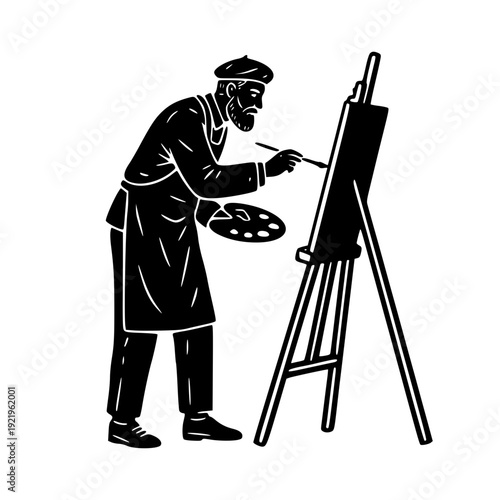 Minimalist Painter Silhouette at Easel Black and White Vector Illustration