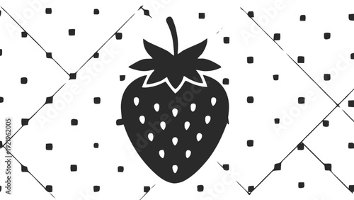 Vector illustration of black and white strawberry icon on a patterned background with dots and diagonal lines on a transparent background