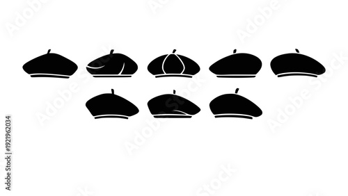 Vector illustration of set of beret hat icons, different styles, black silhouette vector graphics on a transparent background