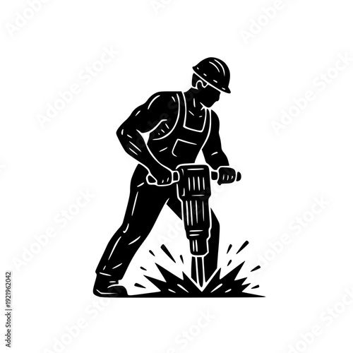 Construction Worker Using Jackhammer Silhouette – Industrial Labor Vector Illustration