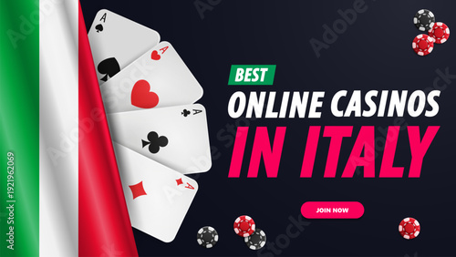 Best online casinos in Italy, dark web banner with a flag of Italy, playing cards and poker chips, top view