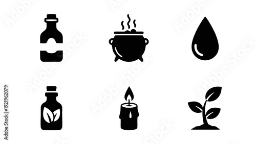 Vector illustration of set of six black icons related to alchemy, magic, and nature on a transparent background