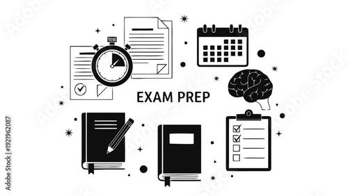 Vector illustration of exam preparation concept with study tools, brain, stopwatch, calendar, and books on a transparent background