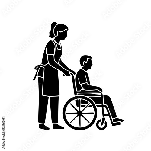 Caregiver Assisting Patient in Wheelchair Silhouette – Healthcare Support Vector Illustration
