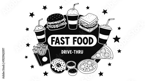 Vector illustration of fast food drivethru menu items collection hand drawn style on a transparent background