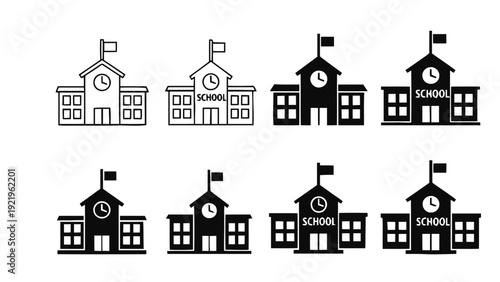 Vector illustration of collection of school building icons in various styles and colors on a transparent background