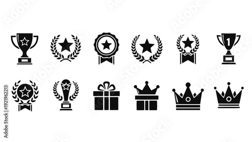 Vector illustration of set of black and white award icons trophy, laurel wreath, star badge, gift box, and crown on a transparent background