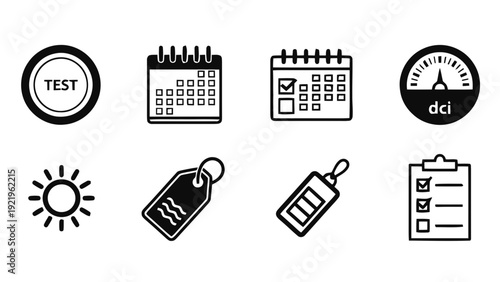Vector illustration of set of black and white icons for testing, scheduling, quality control, and measurement on a transparent background