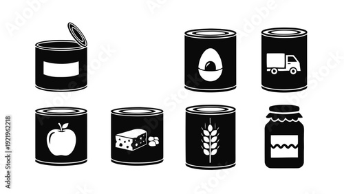 Vector illustration of set of canned food and jar icons, black silhouette style on a transparent background