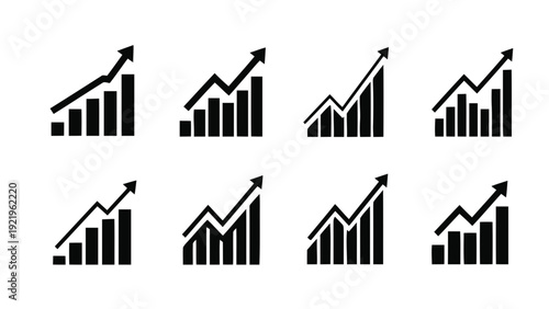 Vector illustration of set of eight black bar chart icons showing upward trend and growth on a transparent background