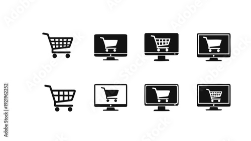 Vector illustration of set of ecommerce shopping cart icons on computer monitors on a transparent background