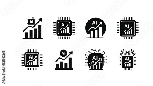 Vector illustration of black and white ai icons with graphs and charts on microchips on a transparent background