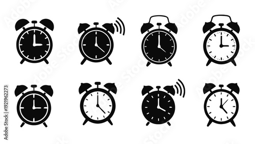 Vector illustration of set of eight alarm clock icons in black and white styles, on a transparent background