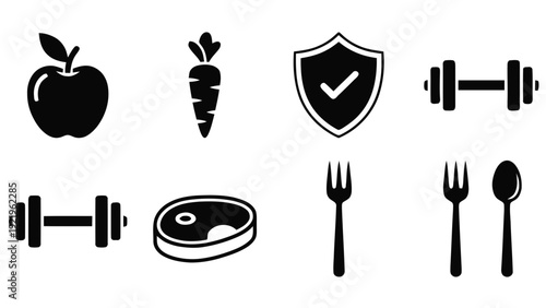 Vector illustration of set of health and fitness icons apple, carrot, shield, dumbbells, meat, and cutlery on a transparent background