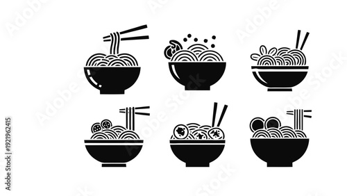 Vector illustration of black and white vector illustrations of various noodle bowls with chopsticks on a transparent background