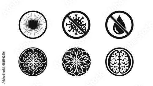 Vector illustration of black and white circular icons on with various designs and symbols on a transparent background