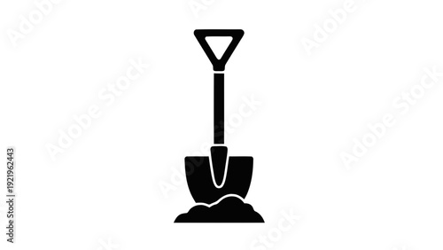 Vector illustration of black silhouette of a shovel digging into a pile of dirt on on a transparent background