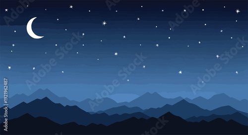 Detailed description of a serene night landscape with a crescent moon and twinkling stars over layered blue mountains.
