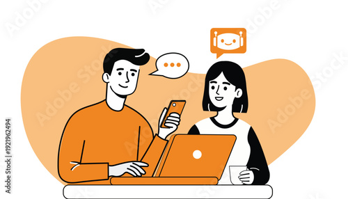 Man and woman using laptop and smartphone to communicate with AI chatbot