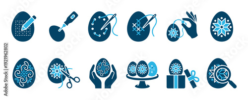 Set of blue Easter egg decorating icons showing the process of creating traditional folk art with painting, cross-stitching, drawing, and giving presents for the spring holiday