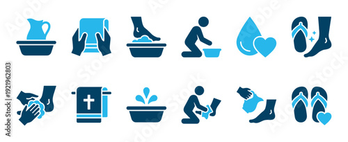 Set of blue foot washing icons illustrating the religious ritual of service and humility with symbols like a basin, pitcher, towel, and hands cleaning feet