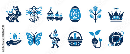 Blue technology and nature icon set combining organic elements with futuristic concepts like robotics, biotechnology, smart systems, and sustainable green energy solutions