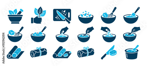 Collection of two-tone blue culinary icons illustrating food preparation steps from grinding herbs in a mortar to mixing ingredients in a bowl and rolling a wrap