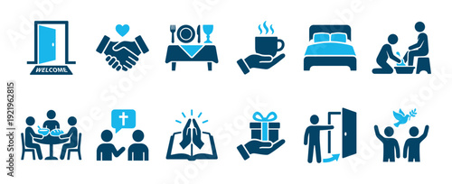 Collection of blue hospitality and Christian faith icons showing welcome, fellowship, prayer, service, and community in a simple, modern, flat pictogram vector illustration set