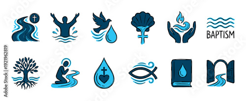 Collection of hand-drawn Christian baptism icons in a blue and black sketch style, featuring symbols like the cross, dove, fish, water, and holy spirit for religious design