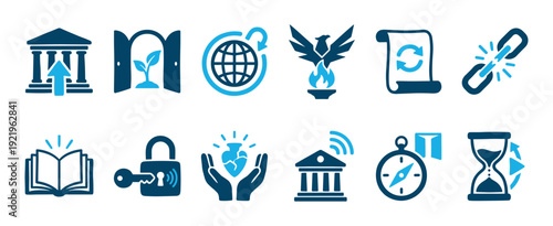Collection of twelve blue vector icons depicting abstract concepts such as renewal, security, global business, and history, presented as a clean and modern infographic element set