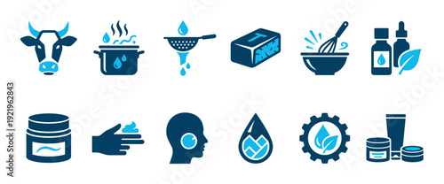 Collection of blue two-tone icons illustrating the process of making natural dairy cosmetics, from cow's milk to final skincare products like cream and lotion for application