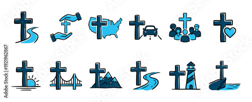 Collection of hand-drawn Christian cross icons in a blue color palette illustrating concepts of faith, mission, community, love, travel, and salvation in a simple doodle style