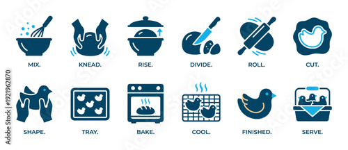 Baking instruction icons set showing a step-by-step recipe for making bird-shaped bread, from mixing and kneading dough to baking, cooling, and serving the finished pastry